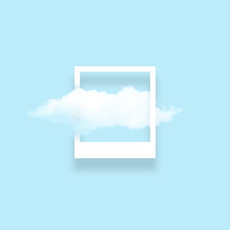 White cloud in snapshot frame illustration. Rectangular border with cotton candy isolated on baby...