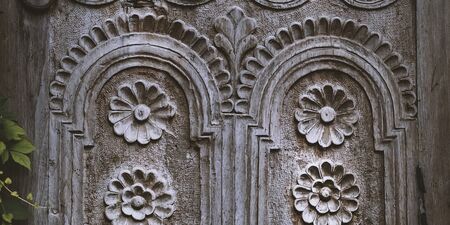 Banner of wooden window platband with beautiful ornament. Stock photography. Nature background.の写真素材