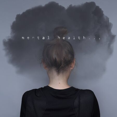 Girl with dark cloud on your head and text. Mental health care concept. Anxiety problem. Sad expression. Asian woman. Great design for any purposes. Stock photography.の写真素材