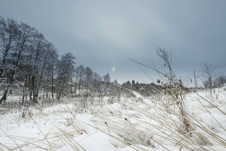 Blue sky with snow field. Great background with copyspace. Winter and snow landscape. Stock photo.の写真素材