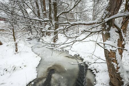River in forest under snow. Great background with copyspace. Winter and snow landscape. Stock photo.
