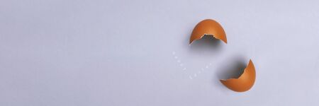 Easter egg, eggshell on gray background with copyspace and text. Banner of macro moody minimalistic...