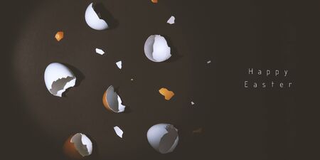 Easter egg, eggshell on dark background with text. Banner of macro moody minimalistic decoration...