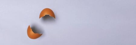 Easter egg, eggshell on gray background with copyspace. Banner of macro moody minimalistic decoration concept. Stock photo.の写真素材