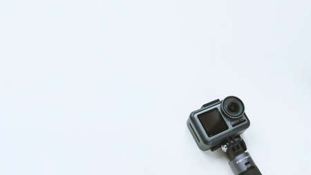 Chekhov, Russia - March 8, 2020: DJI Osmo Action isolated on white background with copyspace. Action camera for photo and video.のeditorial素材