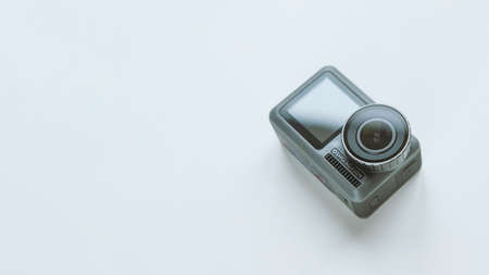 Chekhov, Russia - March 8, 2020: DJI Osmo Action isolated on white background with copyspace. Action camera for photo and video.のeditorial素材