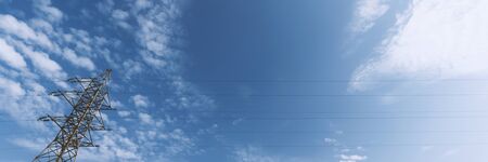 Day skybackground. White clouds hanging above horizon. Majestic cloudscape with power line.Countryside skyline in twilight timeの写真素材