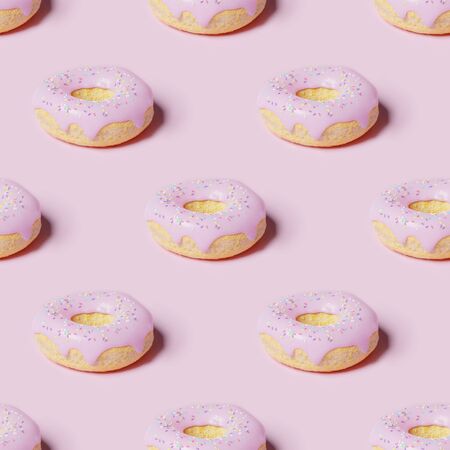Pink donut seamless pattern banner background. National Donut Day. Doughnut 3d model. Sweet junk food.の写真素材