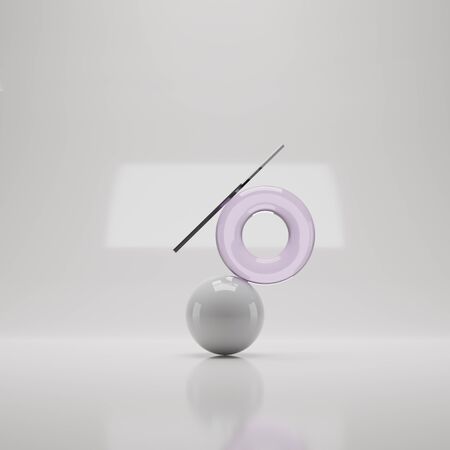 3d render of ball, torus and stick. Minimalistic background with objects. Balancing composition from figuresの写真素材
