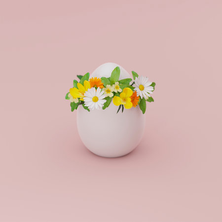 3D illustration, 3D rendering. Egg with flowers.の写真素材