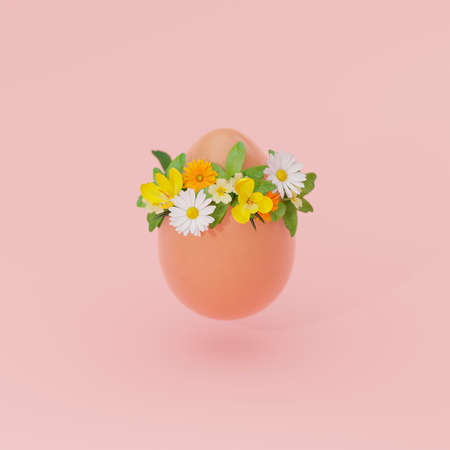 3D illustration, 3D rendering. Egg with flowers.の写真素材