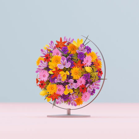 3D illustration, 3D rendering. Many multi-colored flowers in globe.の写真素材