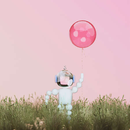 3D illustration, 3D rendering. Cartoon astronaut with red balloon.の写真素材