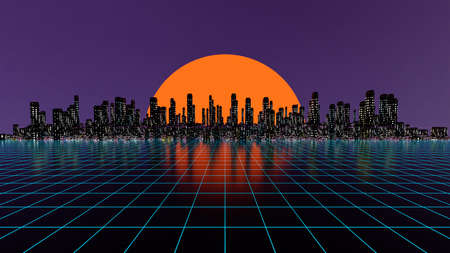 Vaporwave cyberpank city background. 3D illustration, 3D rendering.の写真素材