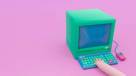 3d render, 3d illustration. Computer with keyboard, mouse and hand.の写真素材