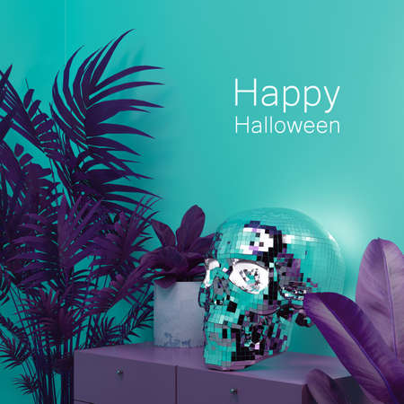 3d render, 3d illustration. Disco ball skull with glowing eyes.の写真素材