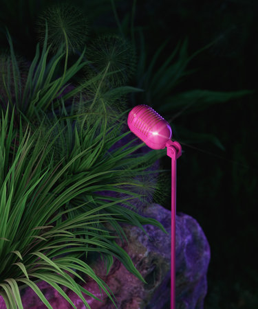Pink microphone among night nature. 3d render, 3d illustration.の写真素材