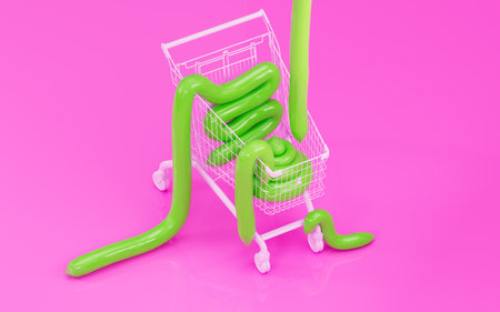 Green cartoon poop is in shopping cart. 3d render, 3d trendy illustration.の写真素材
