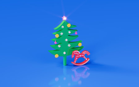 Christmas and New Year tree, rocking horse. 3d render, trendy isometric 3d illustration.の写真素材