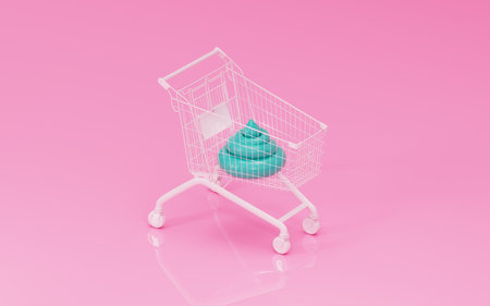 Blue cartoon poop is in shopping cart. 3d render, 3d trendy illustration.の写真素材