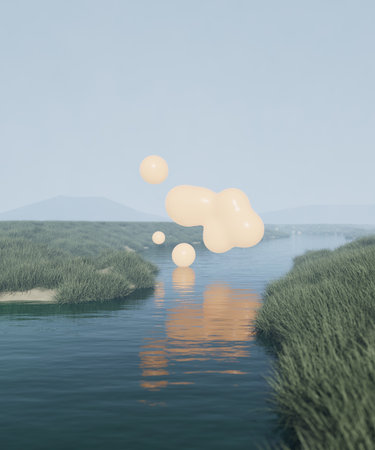 Scandinavian landscape with river, fog, thick grass. 3d render, 3d illustration.の写真素材