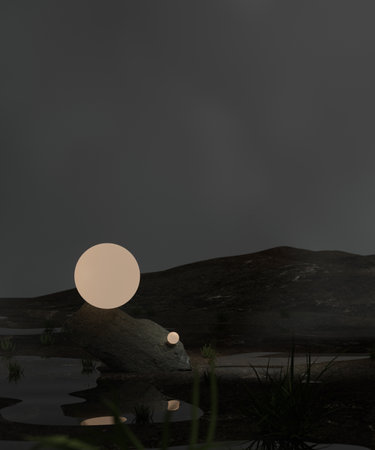 Sci-Fi surreal dreamy landscape with glowing spheres. 3d render, 3d illustration.の写真素材