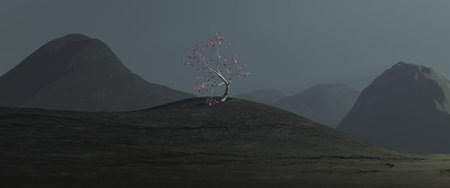 Single tree with pink leaves in the mountains. 3d render, 3d illustration.の写真素材