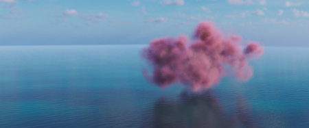 Surreal seascape with pink Sci-Fi cloud. 3d illustration, 3d render.の写真素材