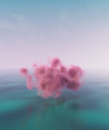 Surreal seascape with pink Sci-Fi cloud. 3d illustration, 3d render.の写真素材
