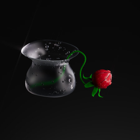 Red fantastic flower in vase with dew drops. 3d render, 3d illustration.の写真素材