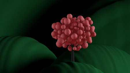 Abstract picture with green hills and single fantasy tree. 3d render, 3d illustration.の写真素材
