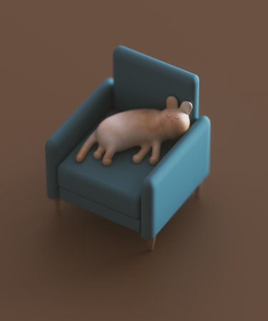 Cute cartoon cat sleeping in blue chair. 3d render, 3d illustration.の写真素材