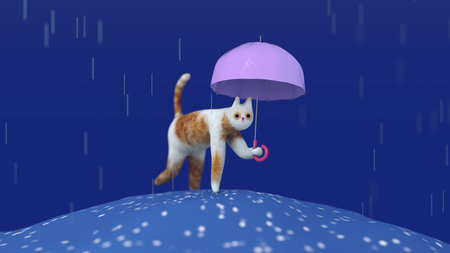 Sad cat with umbrella in pouring rain. 3d render, 3d illustration.の写真素材