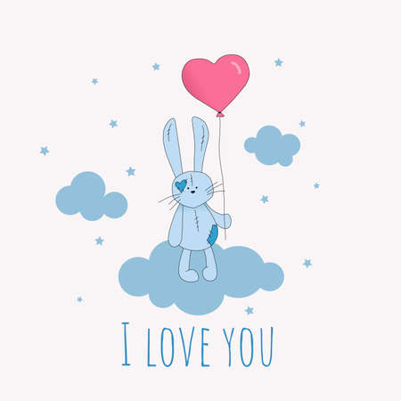 Cute rabbit holds a heart-shaped balloon on a blue cloud ,with text i love you. Vector illustration greeting card.のイラスト素材