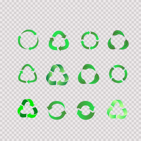 Recycle icon symbol vector. Set of recycling icons in different styles - outline, glyph in flat design. Sets of black and green circular arrows.のイラスト素材