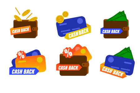 Money cash back vector labels and stickers. Saving and money refund icons. Cashback money badge and banner, business warranty illustrationのイラスト素材