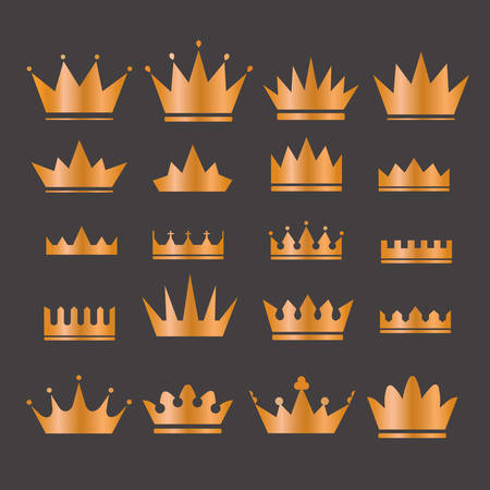 Gold Crowns Set - Set of gold crowns icons. Colors in gradients are global. Gold crown set. Glitters set of king crowns.のイラスト素材