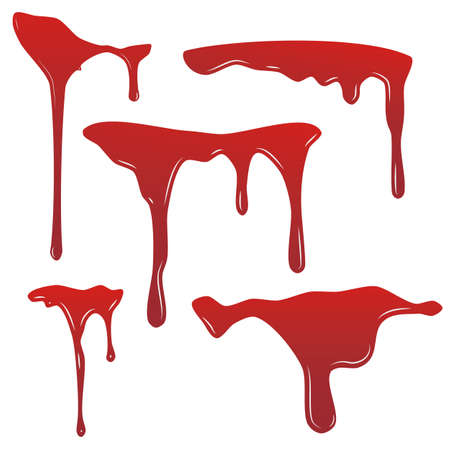 Blood drip set. Drop blood isloated white background. Bleeding bloodstain scare texture. Liquid paint Vector illustraton.のイラスト素材