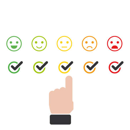Selecting a user grade as a hand. Online feedback reputation quality customer review concept flat style.のイラスト素材