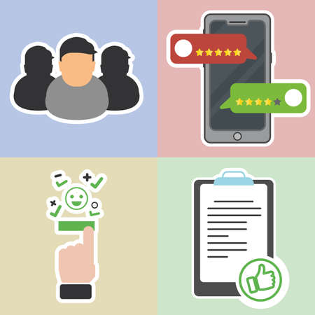 Set of Online feedback reputation quality customer review concept flat style. Review rating bubble speechesのイラスト素材