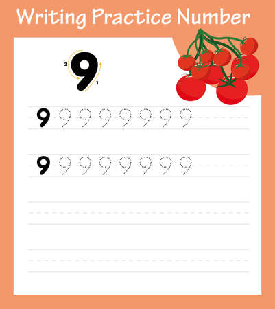 Learning Number 9 with cartoon tomatoes.Tracking worksheet number Nineのイラスト素材