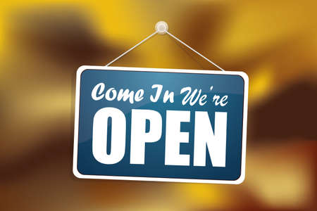Come we are open in blue signboard with a rope isolated.