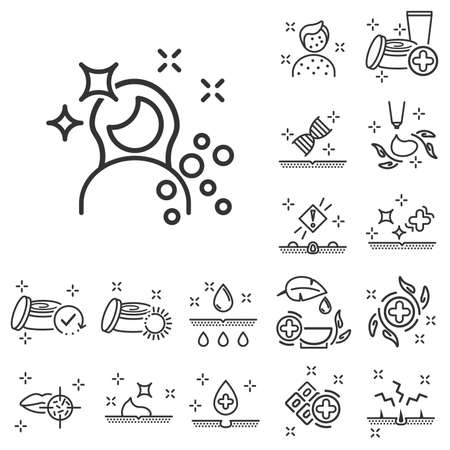 No artificial colors, organic leaf line icons. dermatology icon. Cosmetology. Face skin care cream protection. Linear set.のイラスト素材
