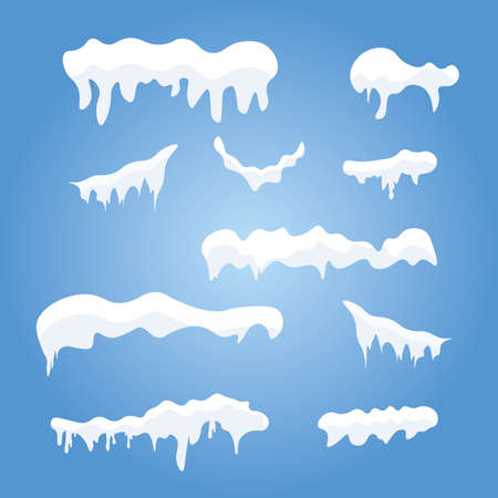 Set of ice caps. Snowdrifts, icicles. Snow cap vector collection. Winter decoration element. Snowy elements on winter background.のイラスト素材