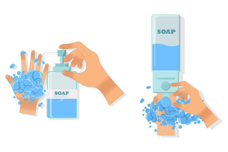 close-up hands using hand sanitizer gel pump dispenser.  Wall mounted soap dispenser. Wall hanging hand wash container. Protection from germs such as coronavirusのイラスト素材