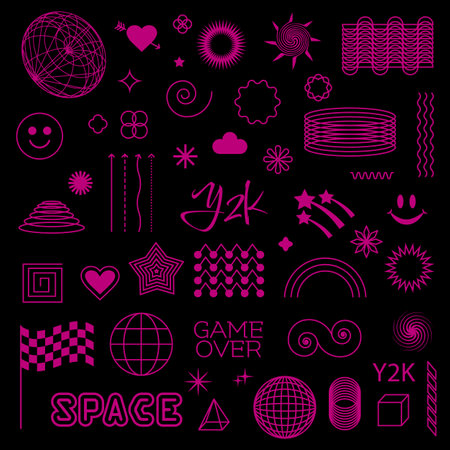 Vector Graphic Assets Set. Y2K bling retro elements and abstract brutalism shapes. Universal shapes for design, projects, posters, banners and business cards.のイラスト素材