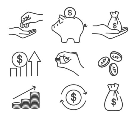 Money, finance, banking outline icons collection. Set of Banking, Wallet and Coins icons. Credit card, Currency exchange and Cashback money service.のイラスト素材