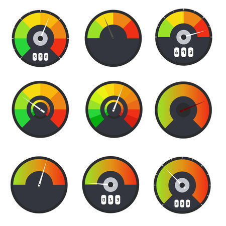 Speedometer, gauge meter icons. Customer satisfaction indicators with poor and good levels.のイラスト素材