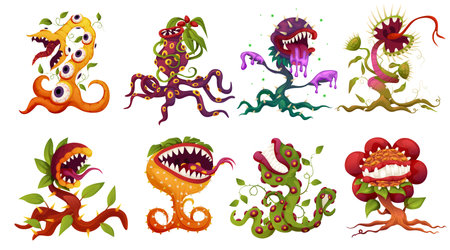 Carnivorous plant set, monster plants. Vector fantasy scary flower icons. Cartoon flytraps or flower predators. Angry flowers with teeth.のイラスト素材