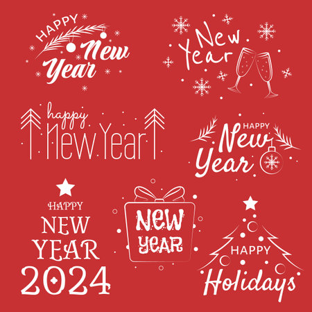 Happy new year typography signs. Vector Lettering Compositions collection. Christmas symbols 2024 Happy New Year. Bundle of festive Happy New Year inscriptions handwrittenのイラスト素材